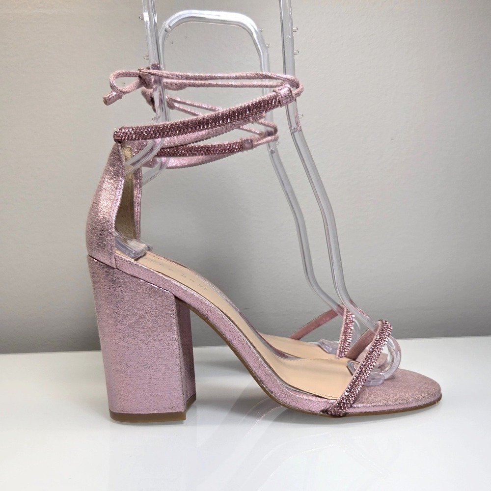 Copper‎ Key Open Toe Sandals 7M Metallic Pink Rhinestone Block Heel Lace Up Prom